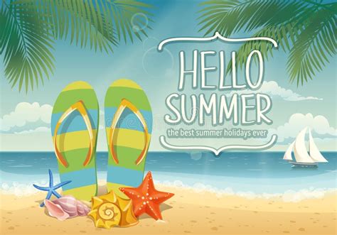 Vector Hello De Kaart Van De Zomer Of De Affiche Met Zomersymbolen