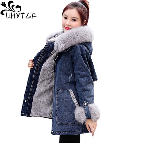 UHYTGF Quality Lambswool Autumn Winter Denim Jacket Women Fleece Thick