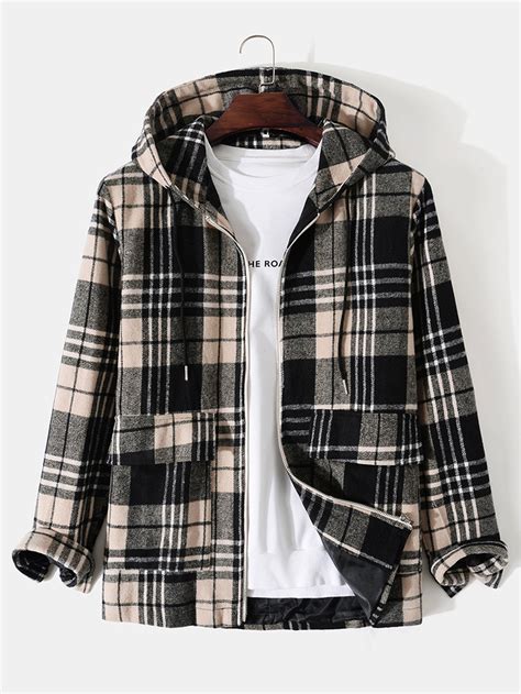 Men Plaid Zipper Double Pockets Button Drawstring Casual Long Sleeve