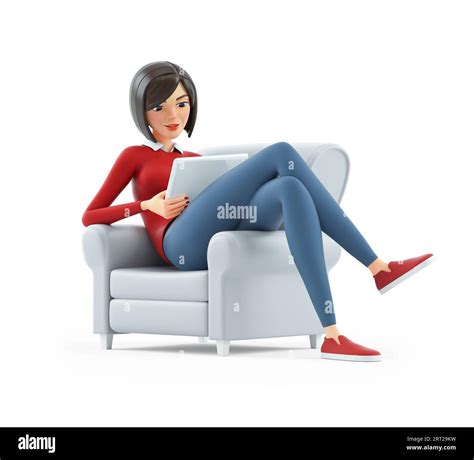 3d Casual Girl Sitting In Armchair With Tablet Illustration Isolated