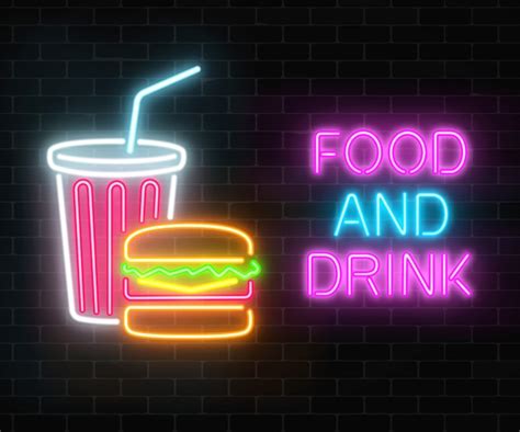 Premium Vector | Neon food and drink glowing signboard on a dark brick wall . burger and plastic ...