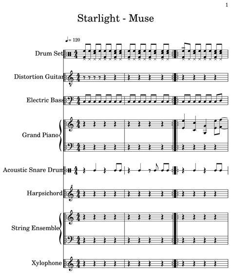 Starlight Muse Sheet Music For Drum Set Distortion Guitar