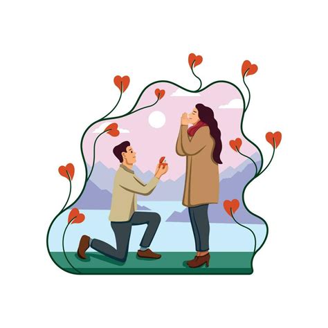 Flat Illustration Design Of Loving Man Proposing To Woman On Beautiful