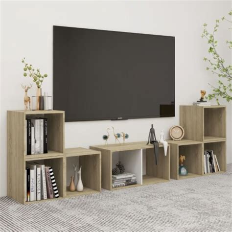 Vidaxl Piece Tv Stand Set White And Sonoma Oak Engineered Wood