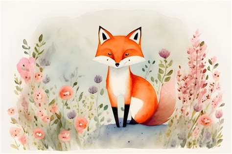 Premium AI Image | a watercolor painting of a fox sitting in a floral field