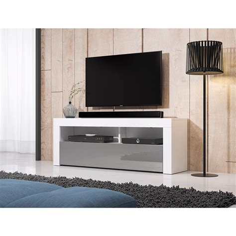 Meuble TV 1 Porte 140 Cm Avec LED Nox Blanc Et Gris Salon Meuble TV