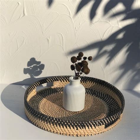 Natural Black Round Rattan Tray With Handle Decorative Tray Etsy