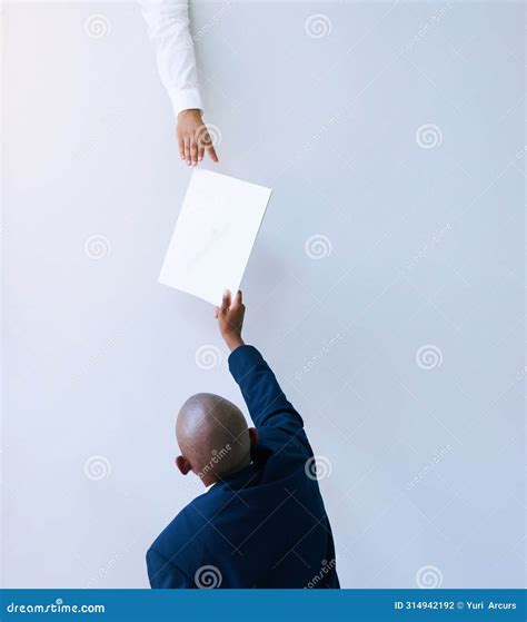 Rear View Business Man And Passing Document With Hand For Career