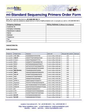 Fillable Online Mi Standard Sequencing Primers Order Form Metabion