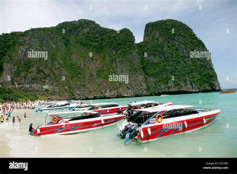 Boats And Speedboats In Maya Bay Where The Beach Was Filmed Ko Phi Phi