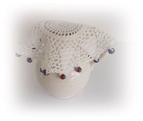 Vintage White Crochet Jug Cover With Blue Beads In 2020 White Crochet White Vintage Blue Beads