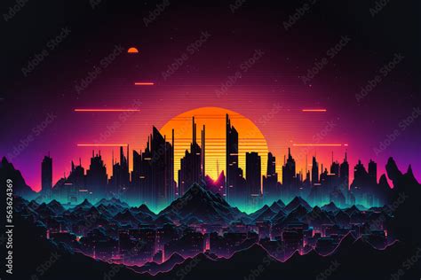 80s Retro Sci Fi Background With Night City Skyline Synthwave Glowing