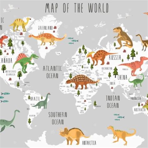 World Map With Dinosaurs Wall Mural