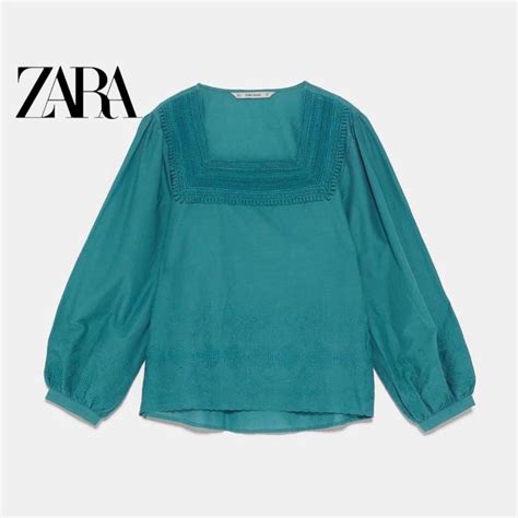 Zara Embroidered Green Square Neck Blouse Top Fesyen Wanita Pakaian