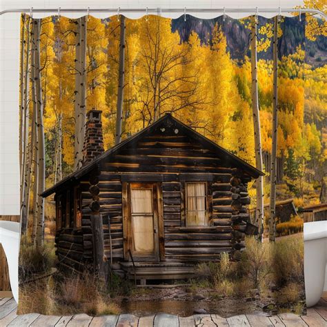 Rustic Log Cabin In Autumn Forest With Yellow Aspen Trees Vintage