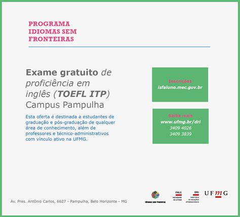 Exame gratuito de proficiência em inglês TOEFL ITP Campus Pampulha