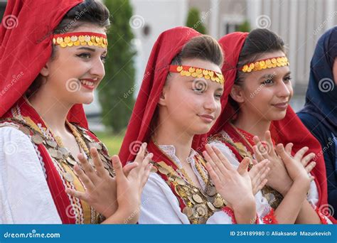 Beautiful Women In Traditional Albanian Costumes Posing For Photo