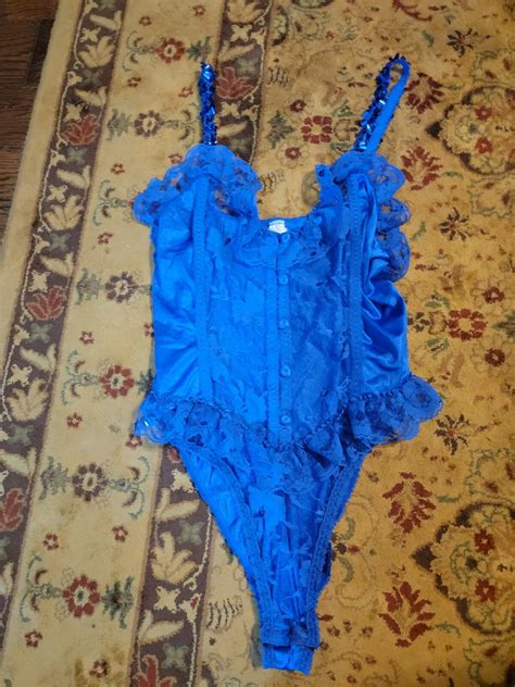 Vintage 1980s Blue Nylong Lace Teddy Lingerie High Gem