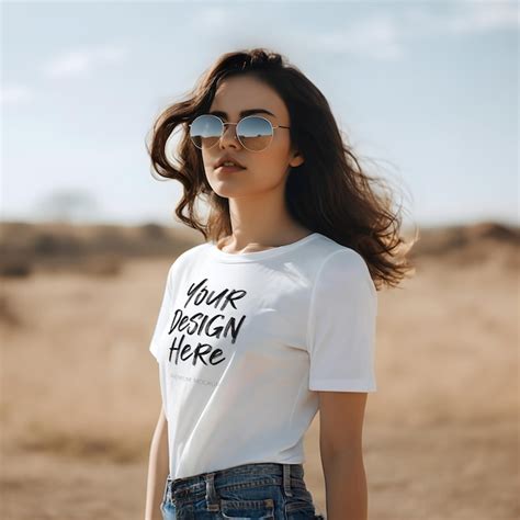 Premium PSD Psd Mockup Featuring A Beautiful Modern Brunette Woman In A White Tshirt