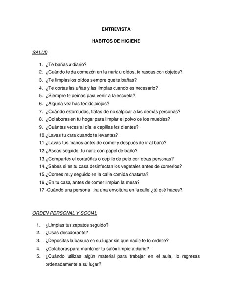 Entrevista Habitos De Higiene Atividades Habitos Question Rios