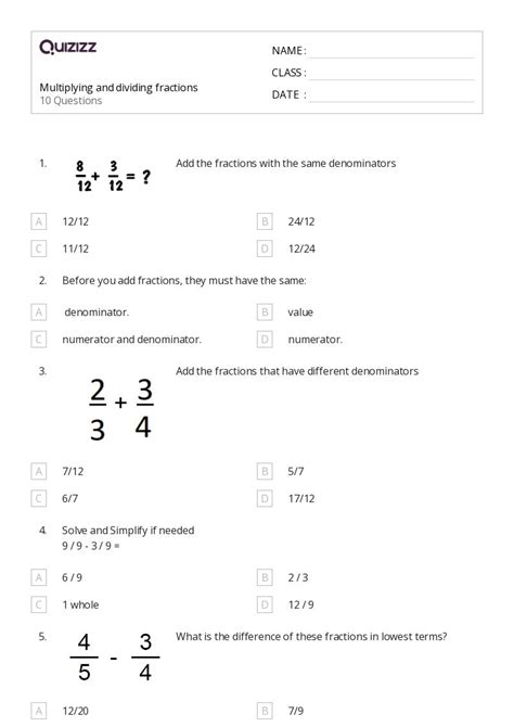 Multiplying And Dividing Fractions Worksheets For St Year On