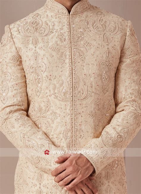 Golden Cream Silk Sherwani With Heavy Embroidery