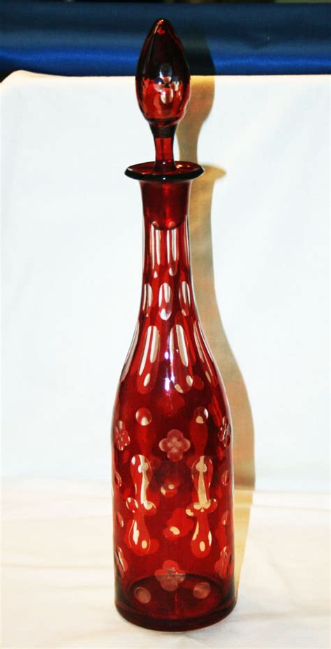 Antique Bohemian Ruby Red Glass Cut To Clear Decanter Crystal