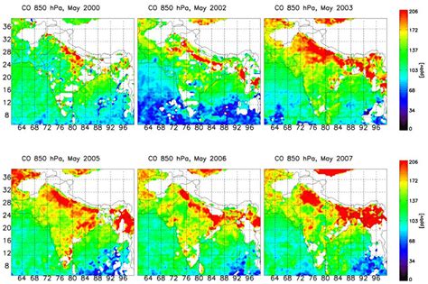 A Co Mixing Ratio Ppbv Retrieved At 850 Hpa Level By Mopitt Over The