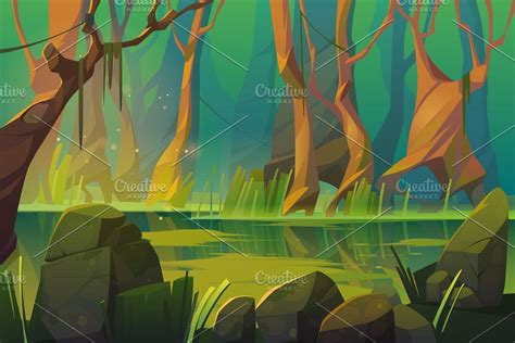 Vector Landscape With Swamp In Ad Treesmarshbogtrunks Ad Night