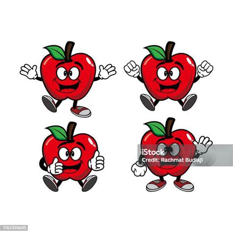 Set Of Collection Smiling Apple Cartoon Mascot Character Vector Illustration Isolated On White