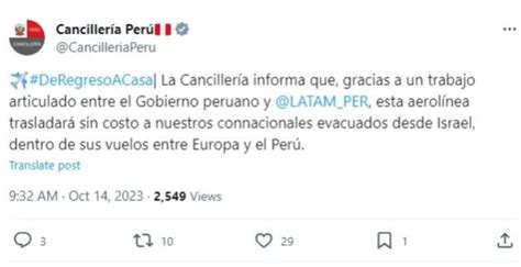 Cancillería anunció que aerolínea comercial trasladará sin costo a