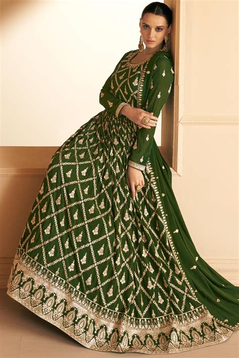 Buy Forest Green Georgette Embroidered Anarkali Dress With Dupatta