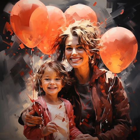 Premium Ai Image Painting Of Mother And Baby With Balloons In The