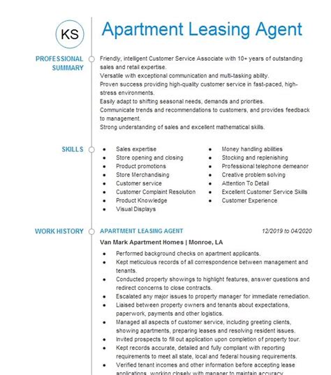 Apartment Leasing Agent Resume Objective Livecareer