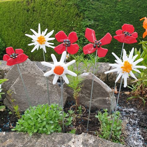 Handmade Fused Glass Garden Stakes Decoration Poppies Etsy