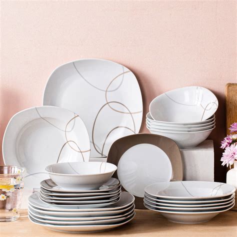 VEWEET Series Nikita 24 Piece Porcelain Dinnerware Set Brown Lines