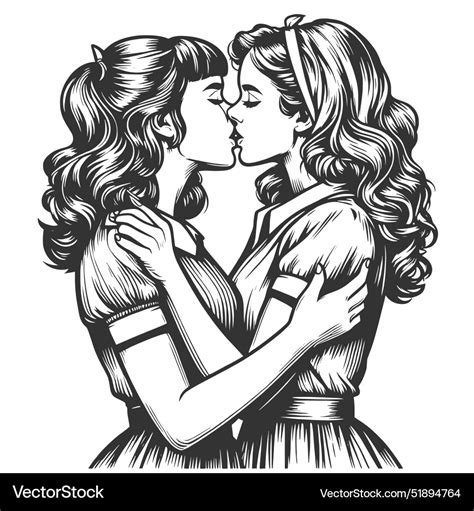 Women Lesbian And Kissing Engraving Royalty Free Vector