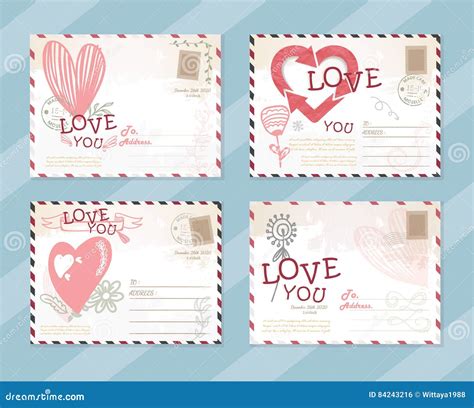 Valentine Love Postcard Card Design Vector Template Cute Set Stock