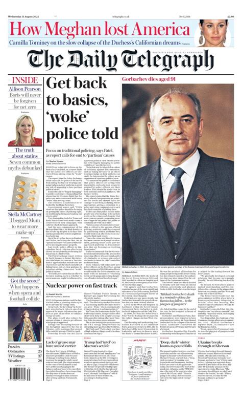 Daily Telegraph Front Page 31st Of August 2022 Tomorrow S Papers Today