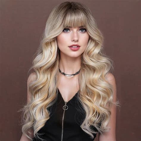 Amazon Lativ Ombre Blonde Wig With Bangs Long Wavy Curly Blonde