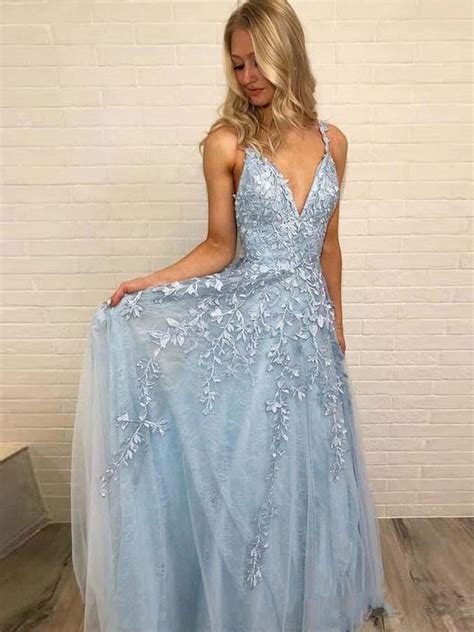 A Line V Neck Light Blue Lace Prom Dresses Light Blue V Neck Lace For