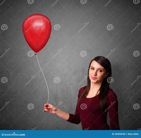 Woman Holding A Red Balloon Stock Photo Image Of Gesturing Female