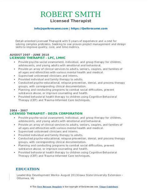 Licensed Therapist Resume Samples Qwikresume