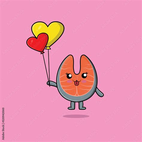 Cute Cartoon Fresh Salmon Floating With Balloon Cartoon Vector Illustration In Flat Cartoon