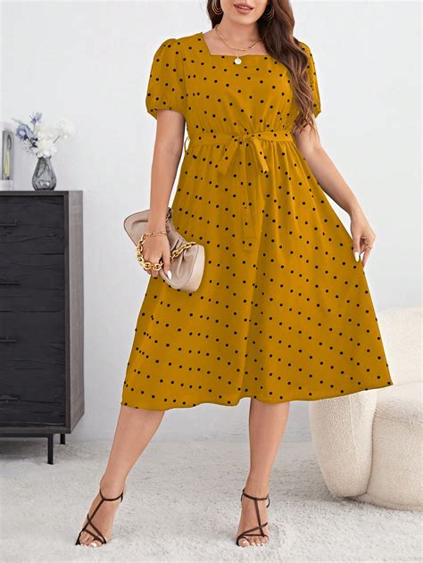 Shein Priv Plus Polka Dot Print Puff Sleeve Belted Dress Shein Uk