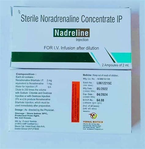 Nadreline Liquid Sterile Noradrenaline Concentrate Injection X Ml