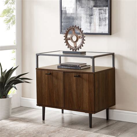 Welwick Designs Modern Glass Top 2 Door Side Table Dark Walnut The