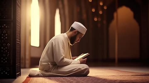 Premium Photo Muslim Man Reading Quran In Mosque At Sunrise In