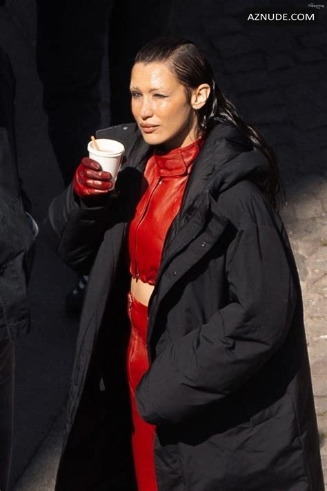 Bella Hadid Sexy Spotted Wearing A Hot Red Leather Catsuit As She Films The Beauty Series Aznude