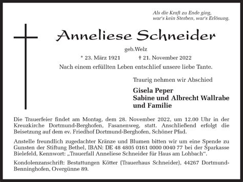 Traueranzeigen Von Anneliese Schneider Sich Erinnern De